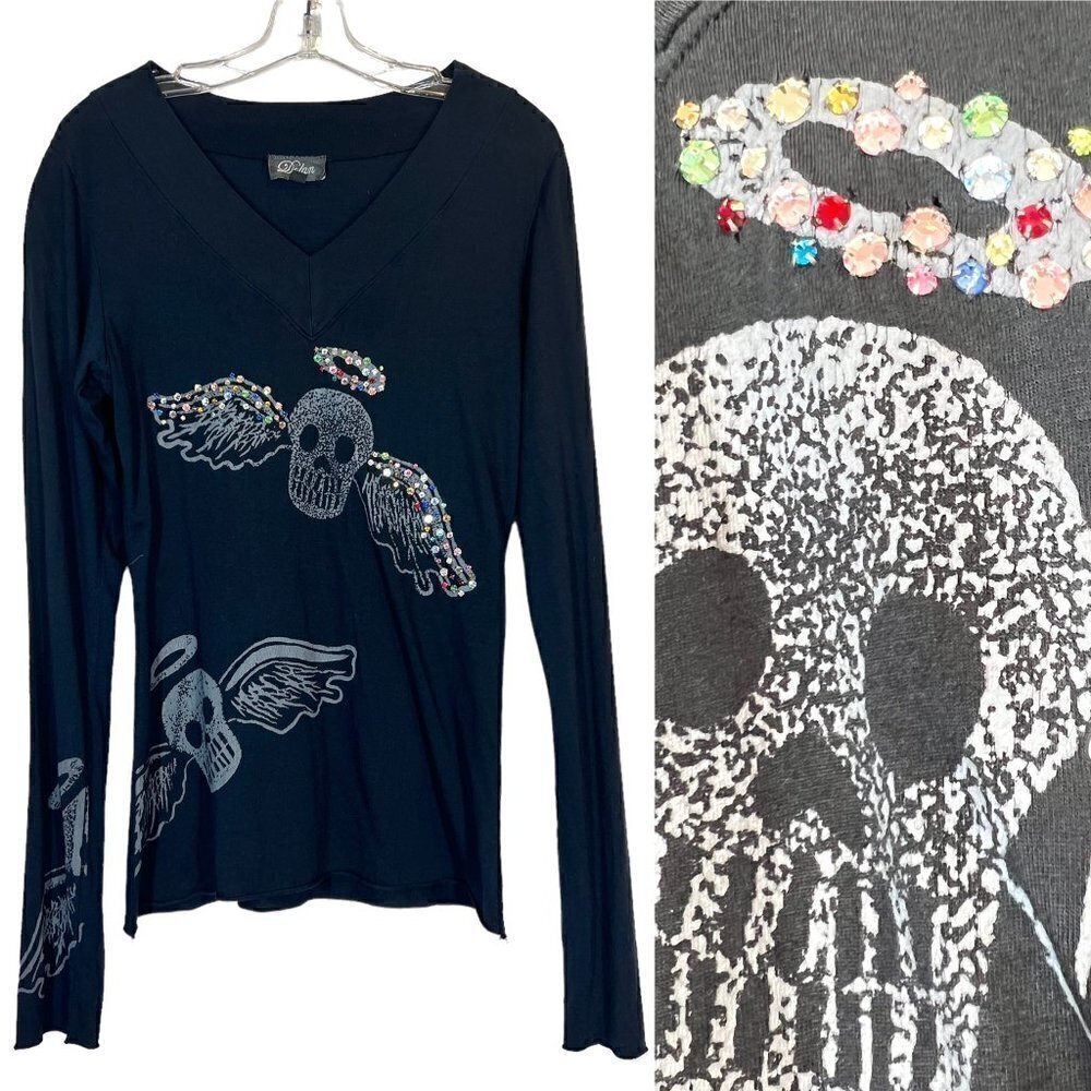Vintage T-shirt Top Y2K Black Skull Rhinestone Long Sleeve Medium - Picture 2 of 9